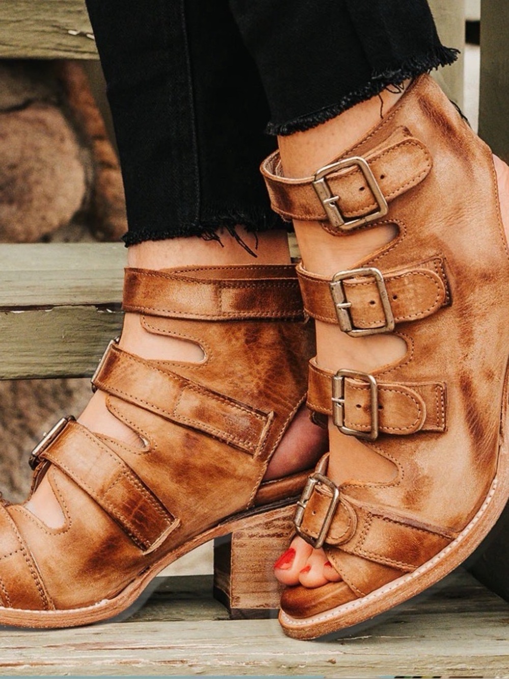 freebird Distressed Leather Strappy Block Heel Sandal in Cognac